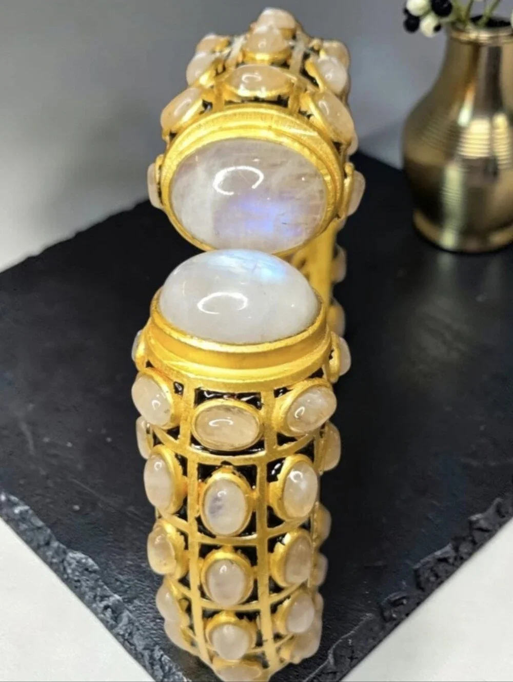24k Gold Plated Artisan Flash Moonstone Onyx Enamel Oversized Clamper Bracelet